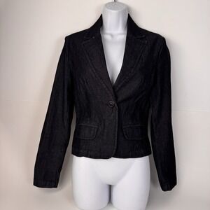 BISOU BISOU Black Denim Blazer Jacket Women's Size 8 Single Button Pockets Short